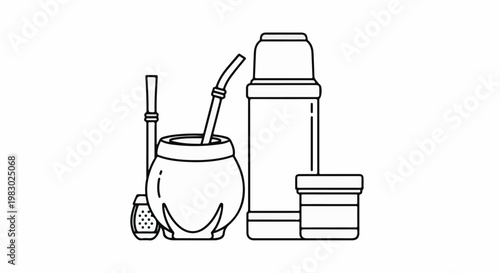 A minimalist line art depiction of a thermos, gourd, bombilla, and small container