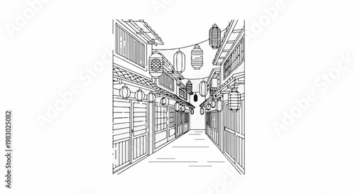 A linear perspective sketch of an old street with hanging lanterns