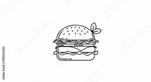 A minimalist line art illustration of a multilayered hamburger with sesame seeds and leaves