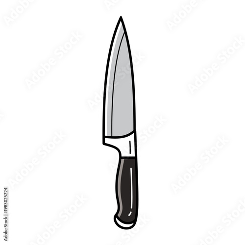 A sharp, pointed kitchen knife with a black handle and a silver blade is depicted against a white background.