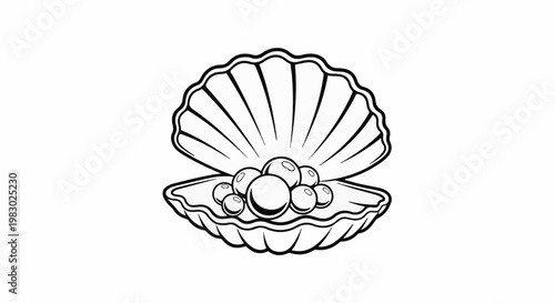 Open seashell with multiple pearls nestled inside on a white background