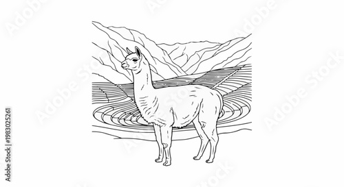 A llama stands in a mountainous landscape with geometric water features