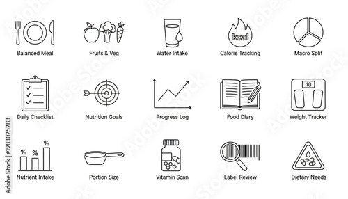 A graphic illustration of various icons and symbols related to food, nutrition, and health, including a plate, fruits, water bottle, and charts, displayed on a white background.
