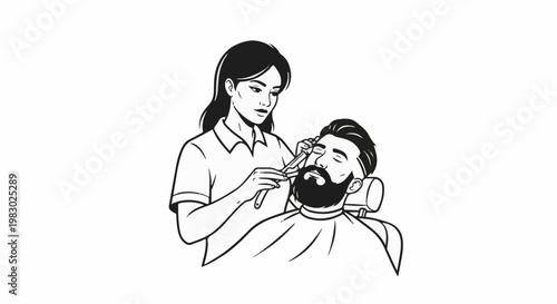 A person carefully shaves a man's beard with a straight razor