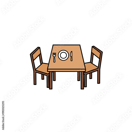 A simple illustration of a wooden dining table set for two with chairs and place settings.