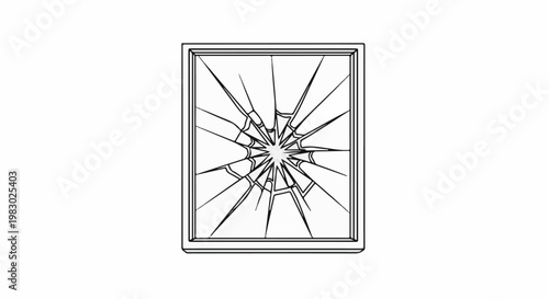 Black and white outline drawing of a broken windowpane with radiating cracks