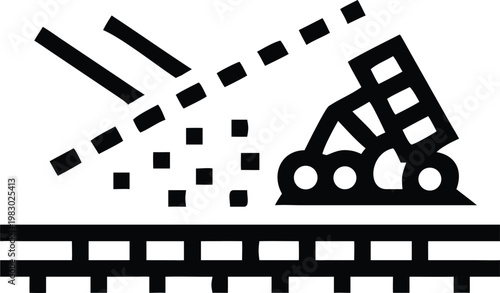 Industrial train wagon dumping gravel onto tracks during railway construction