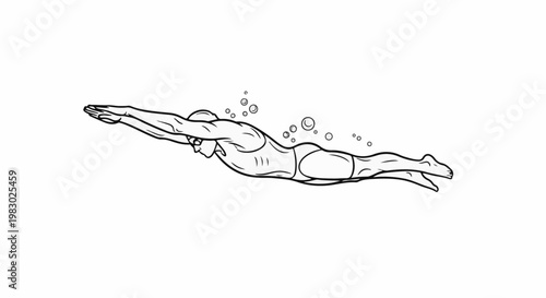 Line drawing of a muscular person diving underwater with bubbles