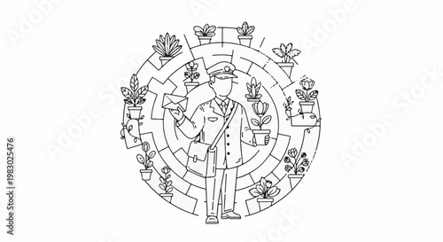 A mail carrier stands within a circular frame adorned with potted plants