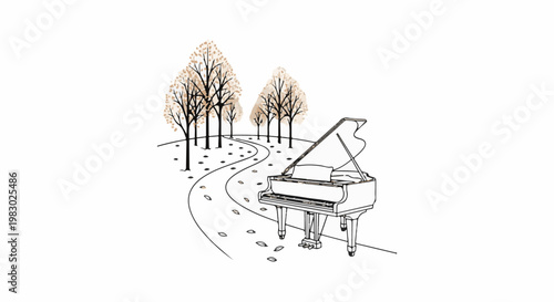 A lone grand piano sits by a winding path with autumn trees