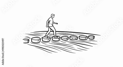 Person carefully steps across stepping stones in choppy water