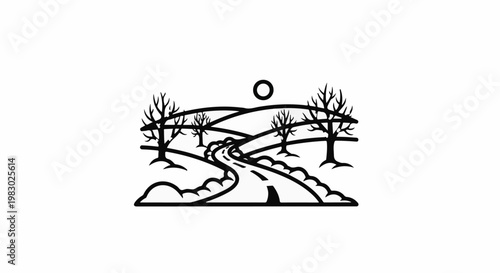 A winding road leads through a barren landscape under a circular sun