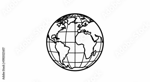 Simple black and white illustration of Earth with continents and grid lines