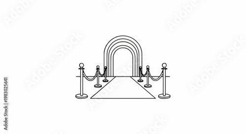 An arched entryway with multiple layers and a carpeted path roped off by stanchions