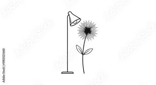 Simple line art of a floor lamp and a dandelion flower