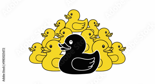 A lone black duck stands out from a crowd of yellow ducks