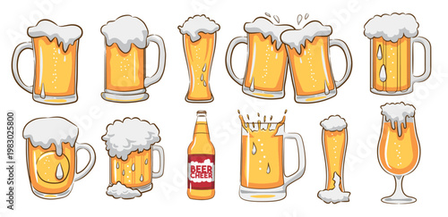 PrintCartoon Beer Mugs Glasses Bottle Foam Icons Set