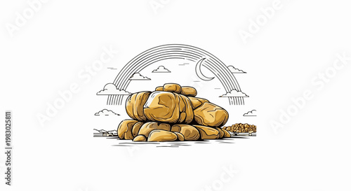 A rocky outcrop under a stylized rainbow and crescent moon