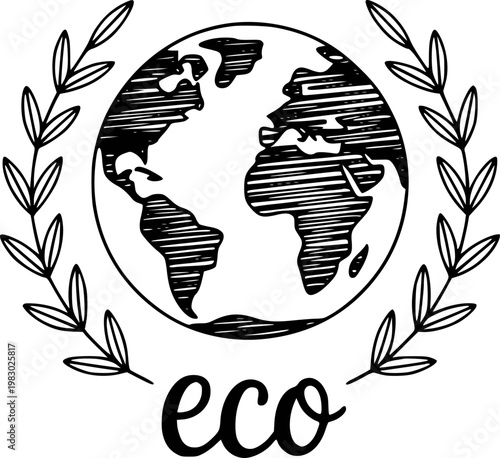 Valokuva Hand-drawn earth globe with laurel wreath and eco text, symbolizing environmen