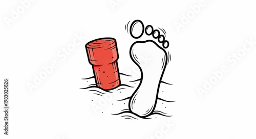 Red cylinder and footprint in sand illustration