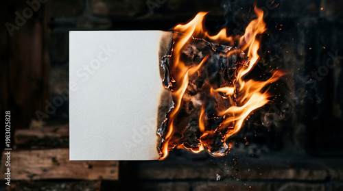 White paper burning with orange flames in a dark background with bricks