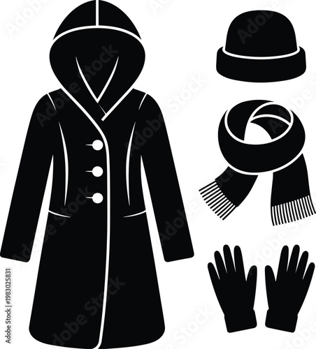 Winter clothing icons, black coat, hat, scarf, gloves set, vector graphics