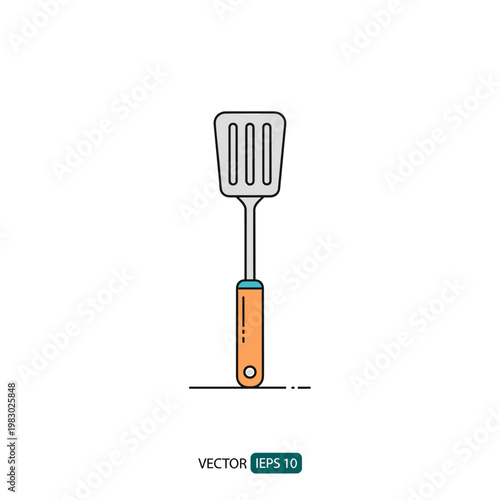 A minimalist line art illustration of a slotted kitchen spatula with a grey head and an orange handle, set against a clean white background.