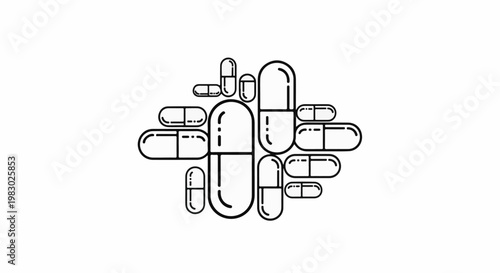 Abstract cluster of varied size medical capsules in outline form