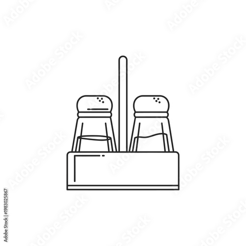 A simple line drawing of a salt and pepper shaker set in a holder.