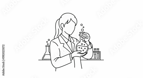 Scientist in lab coat holding beaker with bubbling liquid, other lab equipment nearby