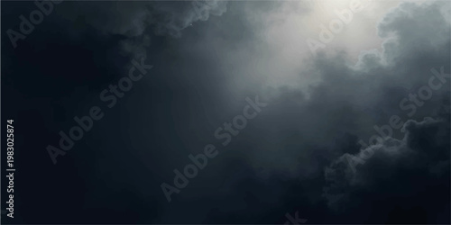 A dramatic dark cloudscape shrouded in thick fog creates a textured nature backdrop where light and smoke-like motion meet the stormy weather of a cloudy night sky