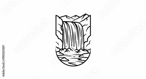 Stylized monochrome illustration of a waterfall cascading over rocky cliffs