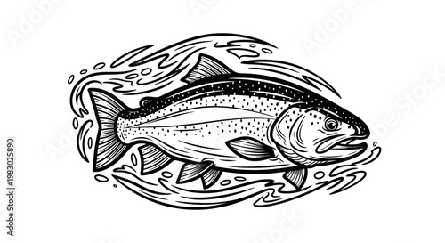 Salmon Fish Leaping Through Water Waves, Line Art Illustration