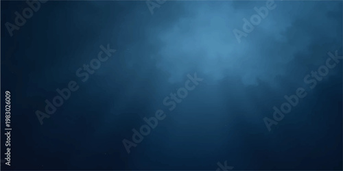 Abstract blue light rays pierce through a dark misty sky creating a textured backdrop of smoke and ethereal clouds over a stormy night sea