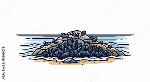 A rocky shore cluster of mussels surrounded by water and sand