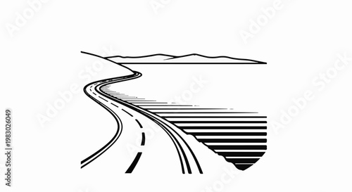 A winding black and white road curves through a landscape with distant hills