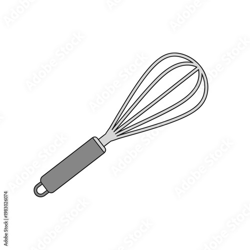 A simple, stylized illustration of a kitchen whisk with a gray handle and wire loops.