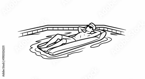 Person relaxing on an inflatable mattress in a swimming pool, wearing sunglasses and a towel