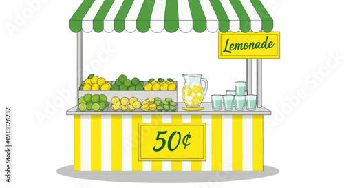 Lemonade Stand with Fresh Lemons, Limes, and Glasses of Lemonade