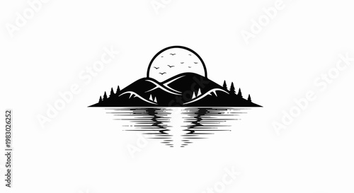 Silhouette of mountains, trees, and sun over rippling water