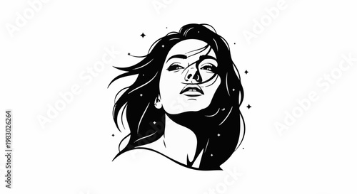 A striking black and white graphic portrait of a woman with windswept hair