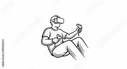 Person wearing virtual reality headset and holding controllers