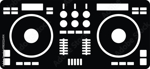 DJ mixer, turntable, sound equalizer, audio equipment, music controller, white icons on black background