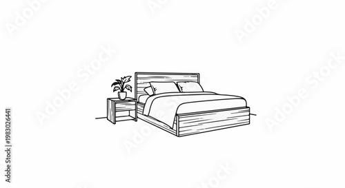 A simple line drawing shows a bed with pillows and blankets, beside a nightstand