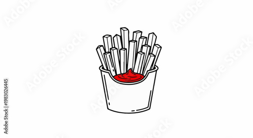 A simple outline drawing of a container filled with french fries and ketchup