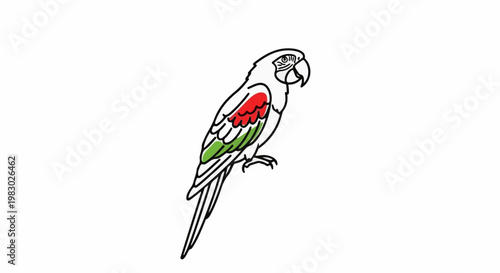 Stylized parrot with red and green wing patches on a white background