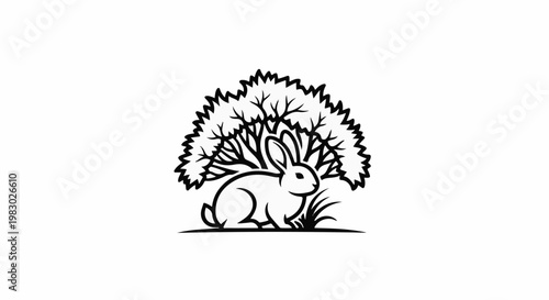 A simple black and white line drawing of a rabbit sitting under a leafy tree