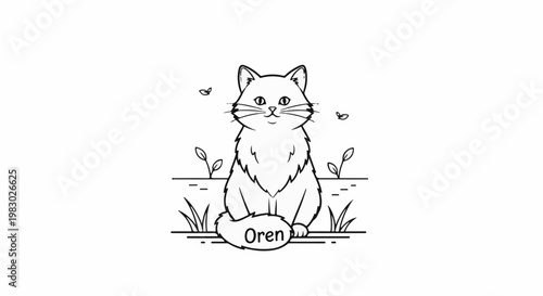A playful line drawing of a fluffy cat named Oren sitting outdoors amongst plants and butterflies