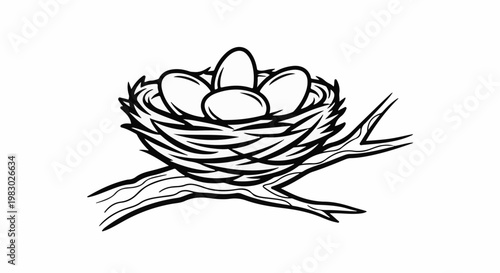 A simple black and white illustration of a bird's nest with eggs on a branch