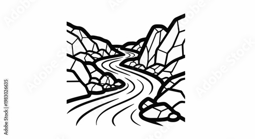 Stylized black and white graphic of a winding river flowing through rocky terrain